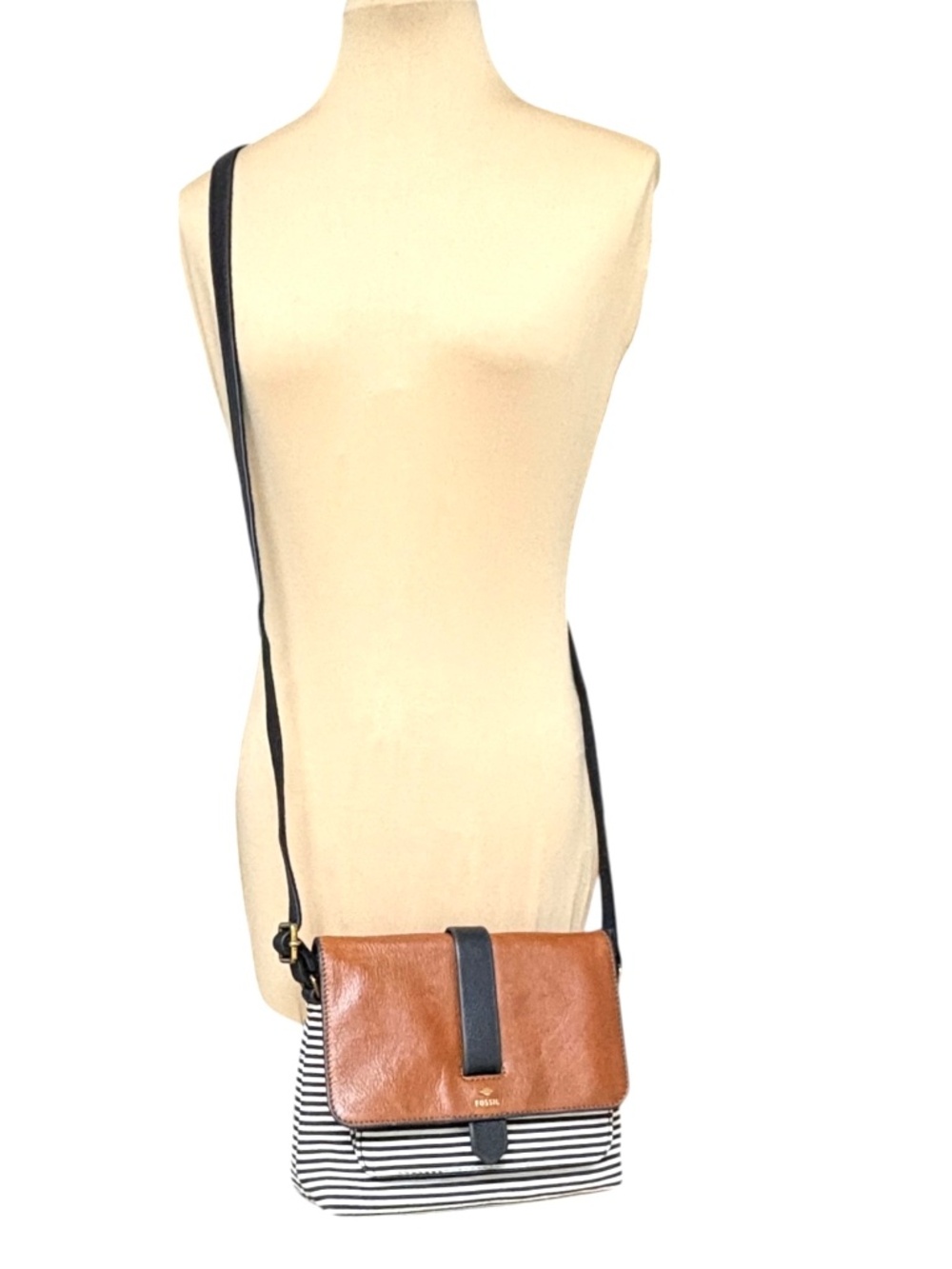 bag FOSSIL Kinley brown leather adjustable strap black white stripe fabric